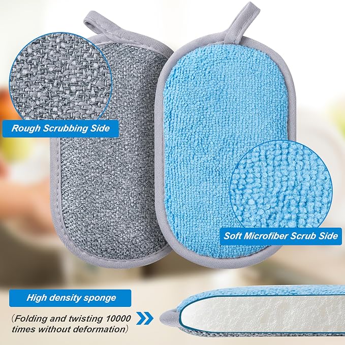 Dual-Sided Multi-Purpose Scrub Sponges, Non-Scratch Dishwashing Sponges for Kitchen, Reusable Microfiber Sponge for Efficiently Cleaning Dishes, High Density Sponge Inside (6 Pack, Medium)