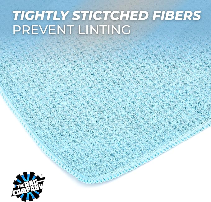 The Rag Company - Standard Waffle Weave Towels, Microfiber Detailing, Window/Glass and Drying, Wax & Polish, Lint-Free, Streak-Free, 370gsm, 16in x 16in, Light Blue (3-Pack)