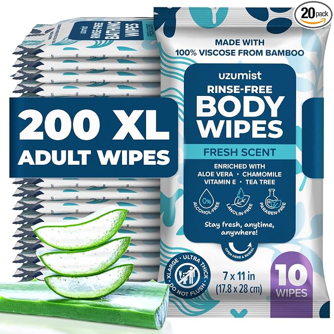 Body Wipes For Adults Bathing No Rinse - 200XL Thick Shower Wipes For Adults No Rinse, 20 Packs of 10 Adult Wipes for Men, Women, Personal Cleansing, Daily Hygiene, Bedridden & Elderly Care, Travel