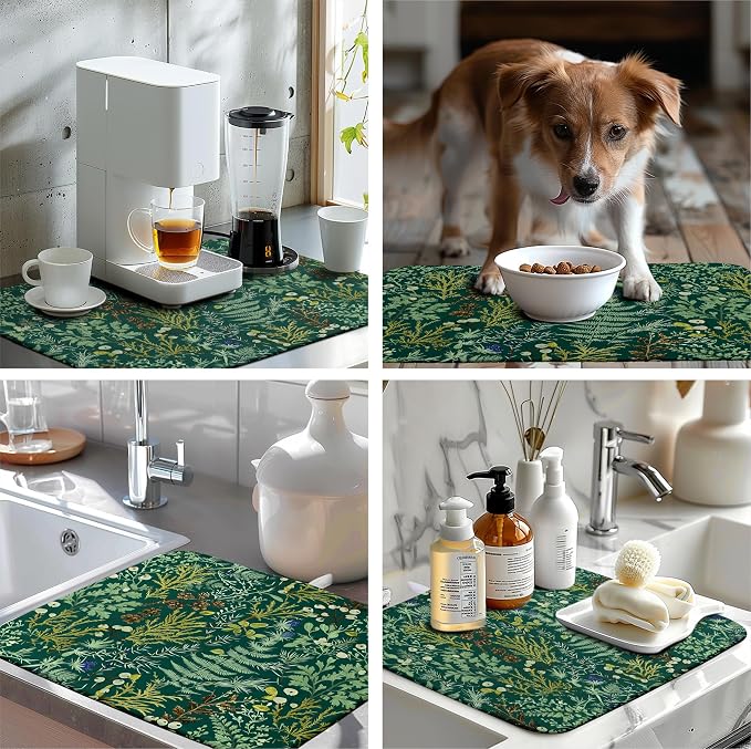 Dark Green Plant Dish Drying Mat for Kitchen Counter Vintage Botanical Floral Leaf Dishes Drying Mat Absorbent Microfiber Dish Draining Pad Washable Large Dish Drainer Rack Mats 18x24 Inch