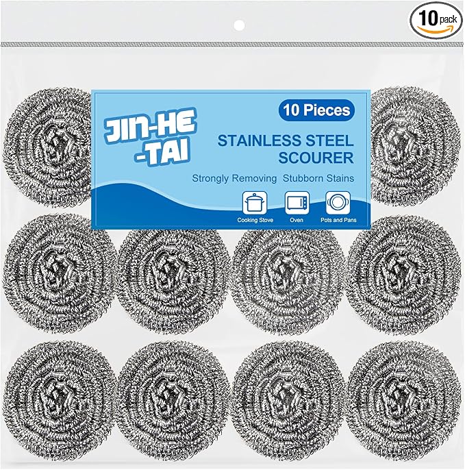 10 Pack Stainless Steel Scrubber, Steel Wool Srubber for Scouring Stubborn Messes from Pots and Pans, Stoves,Broiler Racks,Grills and More
