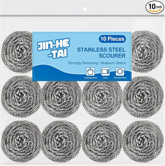 10 Pack Stainless Steel Scrubber, Steel Wool Srubber for Scouring Stubborn Messes from Pots and Pans, Stoves,Broiler Racks,Grills and More