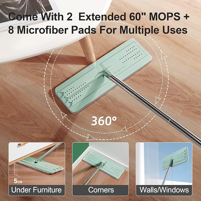 JOYMOOP Flat Mop System, Microfiber Mop and Bucket Set, Green, Household & Commercial Floor Cleaning Mop, Includes 2 Mops and 8 Large Microfiber Pads