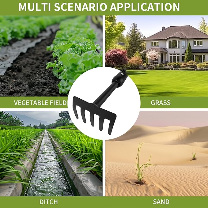 Small Garden Rake, 27-39" Telescopic Hand Cultivator | 5 Tine Metal Head, Adjustable Long Handle for Tight Spaces, Ergonomic Lawn Weeding Tool for Seniors Flower Beds Pots