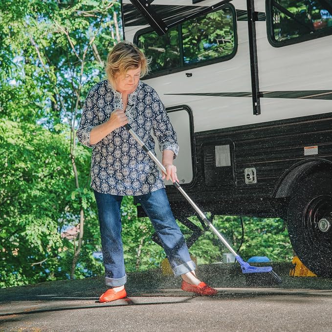 Camco Adjustable Broom and Dustpan - Portable & Compact Full Size Broom - Adjusts from 24-52 Inches, Ideal for RV, Marine, and Home Use (43623-A) | Multi-angle soft bristle head reaches tight corners, lightweight compact design for RV, camper, boat and...