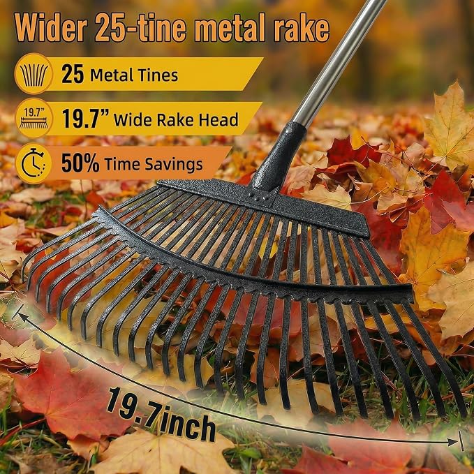 Metal Bow Leaf Rake with 25 Steel Teeth & 68" Stainless Steel Handle | 20" Wide Head, 3 Height Settings, Dethatching & Lawn Care, For Leaves Debris & Mulch, Tool-Free Assembly, Easy Storage