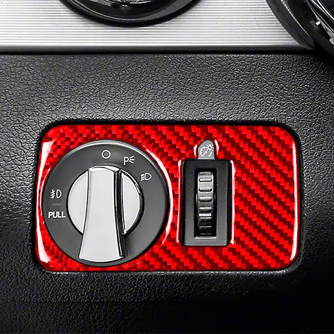Red Real Carbon Fiber Trim for Ford Mustang Accessories | for GT Shelby 2005 2006 2007 2008 2009 Headlight Switch Button Cover Interior Thick Overlay Decal