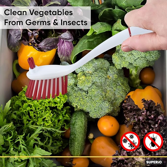 Dish Brush with Handle Vegetable Brush Double Sided Cleaning Brush Scrubber Non Scratch Scrub Brushes Kitchen Brush for Cooking, Foods- Fruits/Potatoes/Veggies, Sinks, Bath-Red, Superio