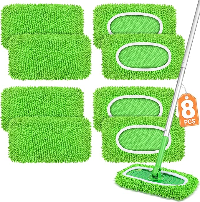 8 Pack Reusable Mop Pads Compatible with Swiffer Sweeper, Dry Sweeping Cloths & Wet Mopping Cloths - Microfiber Mop Pads for Hardwood Floors, Floor Cleaning, Wood Floors (Green)