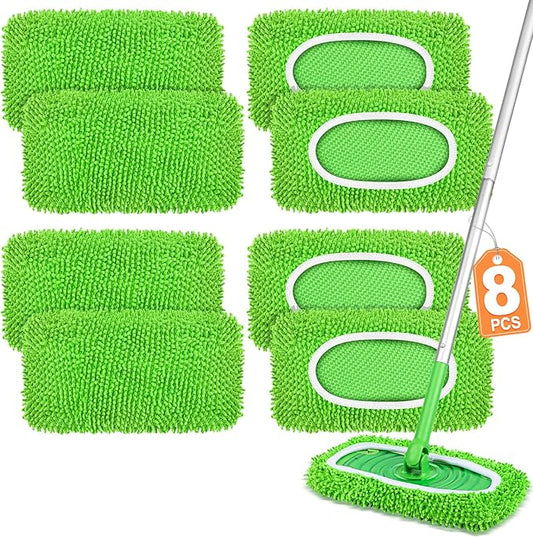 8 Pack Reusable Mop Pads Compatible with Swiffer Sweeper, Dry Sweeping Cloths & Wet Mopping Cloths - Microfiber Mop Pads for Hardwood Floors, Floor Cleaning, Wood Floors (Green)