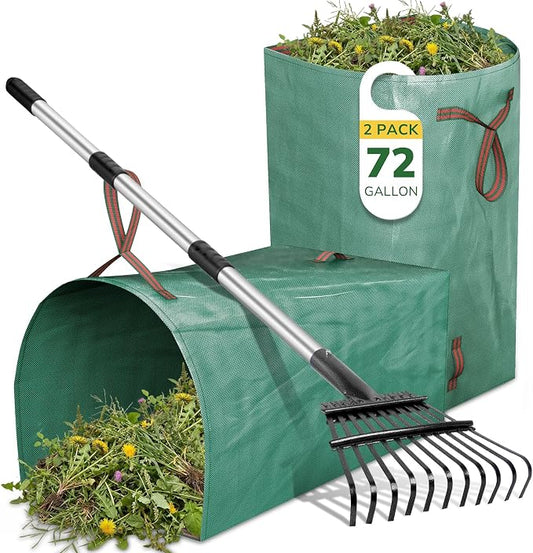 GreatBuddy Leaf Rake and Leaf Bags Combo, Adjustable Metal Garden Rake 29''-72'' 11Tines, 2 Pack 72 Gallon Reusable Yard Waste Bags, Heavy Duty Lawn Rake with Dustpan Leaf Collector for Yard Cleanup