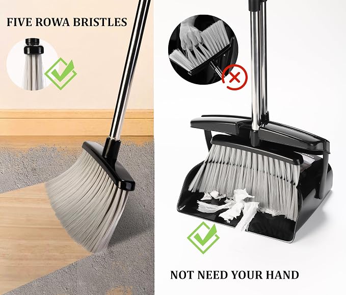 Broom and Dustpan Set 52-in Long Adjustable Handle Broom Dustpan Combo | Upright Dustpan with Teeth to Automatically Clean Hair, Dust Pan with Lid, Suitable for Home Kitchen Office Hall Floor