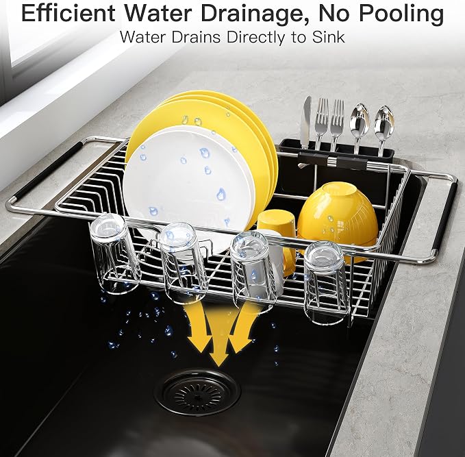 JASIWAY Sink Dish Drying Rack with Drainboard, Expandable Stainless Steel Dish Drainers for Kitchen Counter, Space Saving Dish Dryer Rack, Over The Sink Dish Racks with Utensil Holder, Silver