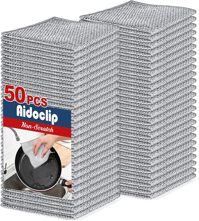 Aidoclip Non-Scratch Steel Wool Dishcloth - 50PC Set, Multi-Use Kitchen Scrubbers, Durable Cleaning Pads for Wet & Dry Use Grey (50pcs)