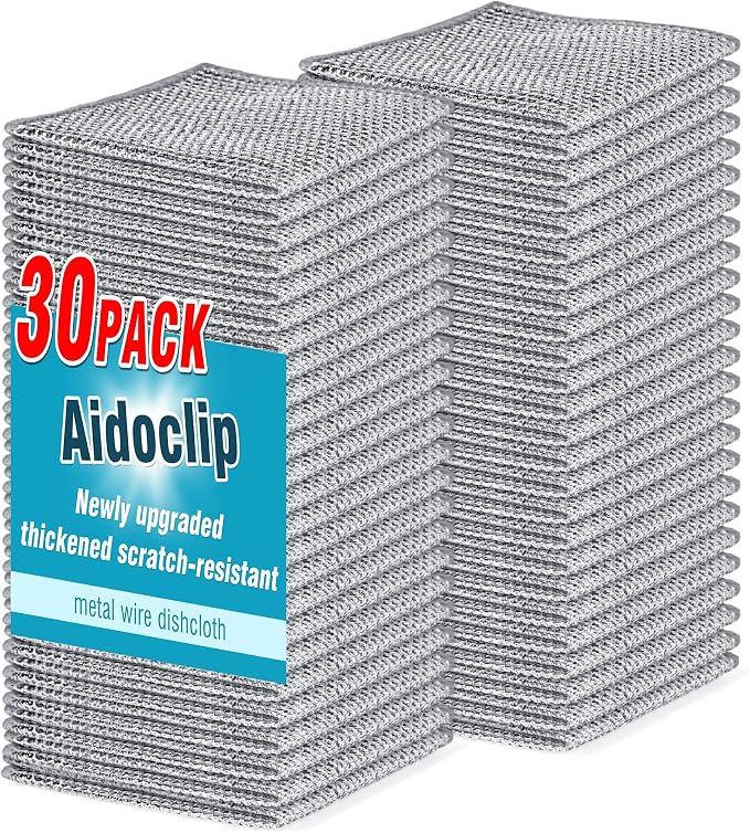 Aidoclip 30pcs Set Non-Scratch Steel Wool Dishcloth - Multi-Use Kitchen Scrubbers, Durable Cleaning Pads for Wet & Dry Use White