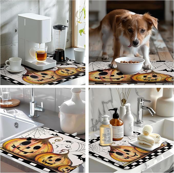 Happy Halloween Fall Pumpkin Dish Drying Mat for Kitchen Counter 18x24 In Spooky Ghost Bats Spider Web Buffalo Plaid Drying Mats Microfiber Dish Drainer Mat Large Absorbent Fast Dry Pad