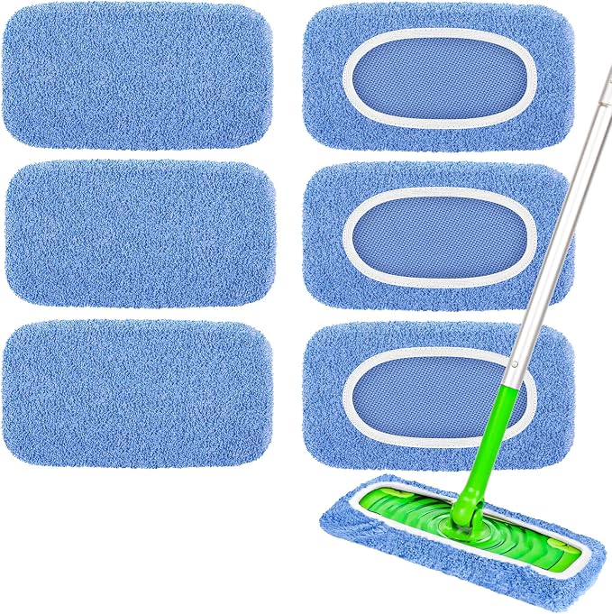 6-Pack Reusable Mop Pads Compatible with Sweeper Mop - 100% Coral Fleece Washable Refills - Microfiber Dry & Wet Sweeping Cloths for Multi-Surface/Hardwood Floor Cleaning- Blue