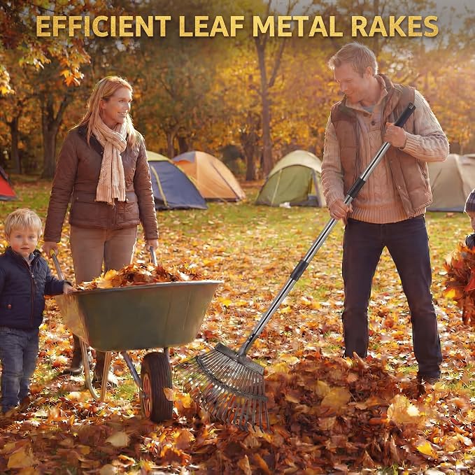 Metal Bow Leaf Rake with 25 Steel Teeth & 68" Stainless Steel Handle | 20" Wide Head, 3 Height Settings, Dethatching & Lawn Care, For Leaves Debris & Mulch, Tool-Free Assembly, Easy Storage