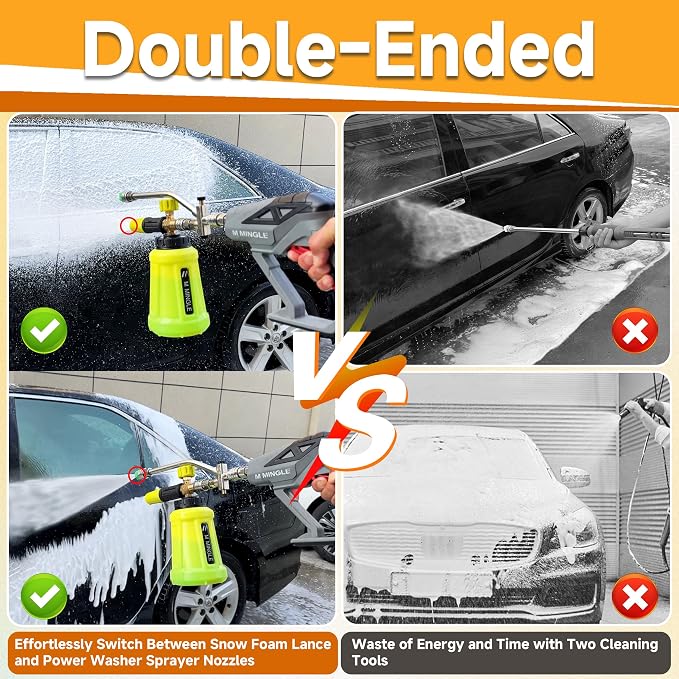 M MINGLE High Pressure Washer Gun with Foam Cannon, Foam Cannon Dual Connector Accessory, Car Wash Foam Gun Kit 1/4 Inch Quick Connector, 5 Pressure Washer Nozzle Tips
