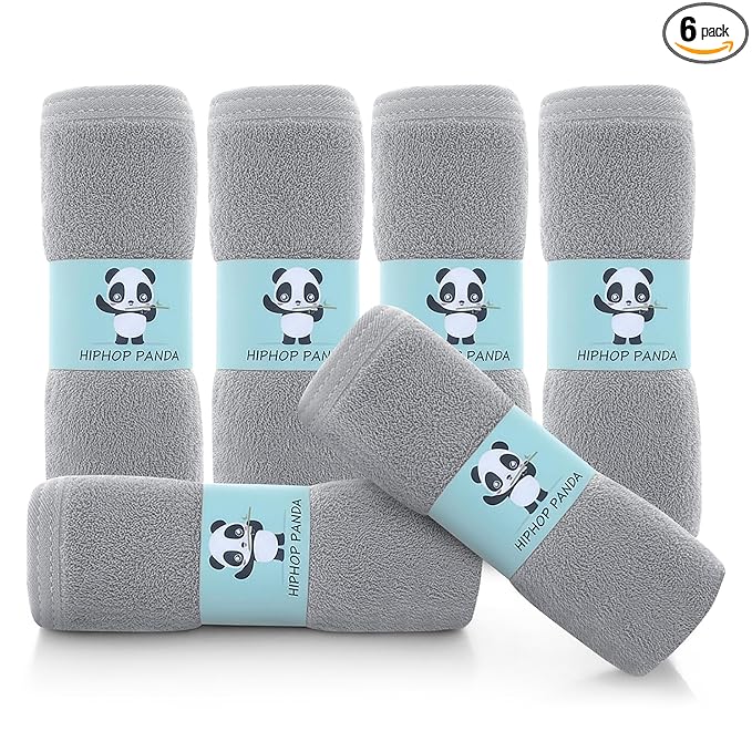 HIPHOP PANDA Baby Washcloths, Rayon Made from Bamboo - 2 Layer Ultra Soft Absorbent Newborn Bath Face Towel - Reusable Baby Wipes for Delicate Skin - Grey, 6 Pack