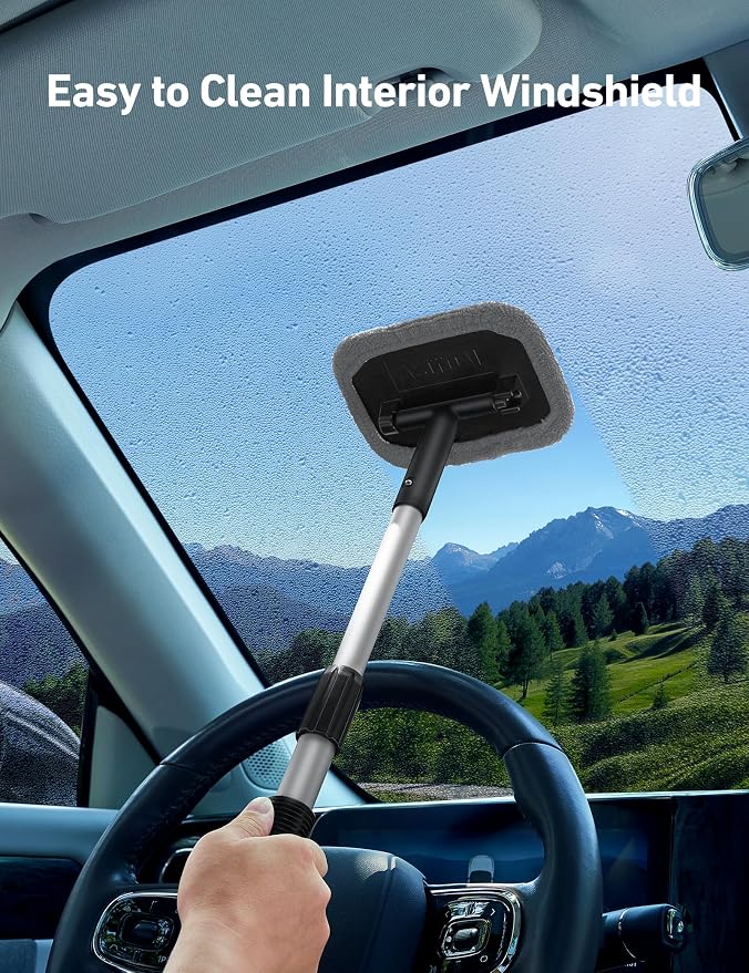AstroAI Windshield Cleaner, Microfiber Window Cleaner with 4 Reusable Washable Large Sponge Pads, Extendable 180° Rotating Handle, Fits Cars & SUVs, Includes Spray Bottle, Gray