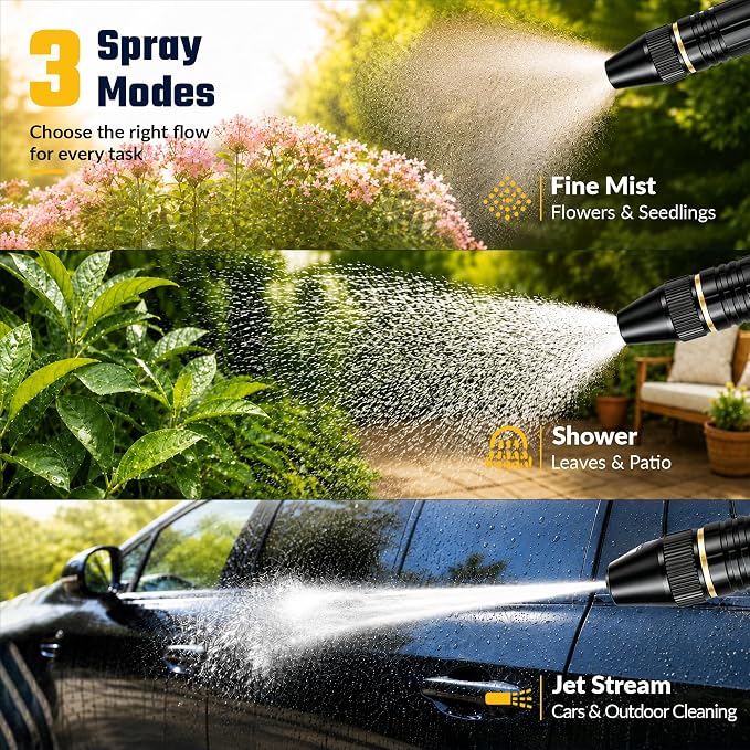 2026 Upgrade High Pressure Hose Nozzle Sprayer for US Garden Hoses | 3-Mode Adjustable, Brass Body, Non-Slip Grip, 3/4" GHT Adapter for Watering Plants and Lawn, Car Washing, Patio and Pet