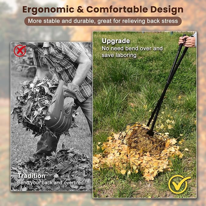 Leaf Grabber Rake with Long Handle, No Bending Leaf Picker Upper for Garden | Metal Metal Leaf Rake Collector, Leaf and Grass Picker Upper, Yard Rake Leaves Grabber Pickup Tool for Garden Cleaning