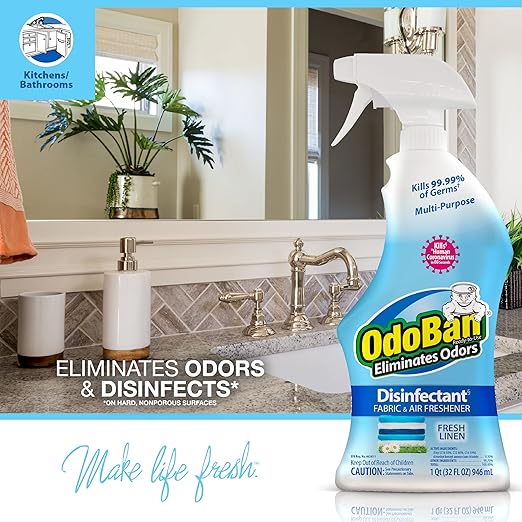 OdoBan Ready-to-Use Disinfectant and Odor Eliminator, Made in the USA, Fresh Linen Scent, 32 Ounce Spray Bottle
