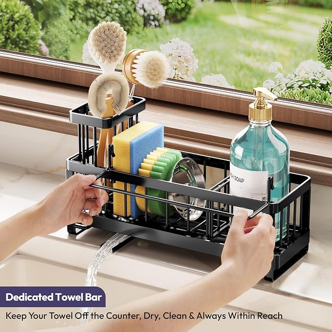 SWTYMIKI Sponge Holder for Kitchen Sink - Sink Caddy with Brush Holder Self-draining Sponge Caddy Organizer with Divider Stainless Steel Kitchen Accessories Storage for Countertop, Black