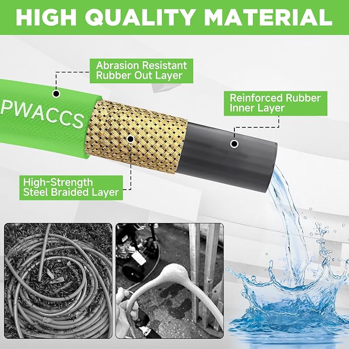 PWACCS Pressure Washer Hose 100FT 3/8", Steel Wire Braided Power Wash Hose | Quick Connect, Kink Resistant, M22 14 Adapters, Cold/Hot Water, 4000 PSI