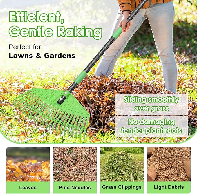 Garden Leaf Rake,16.5” Plastic Leaf Rake for Lawn,Unbreakable Nylon Head, No Harm to Lawn Grass,Yard Raking Tools for Turf Leaves Thatch Debris Pine Needle Cleanup, Lightweight for Kids Seniors