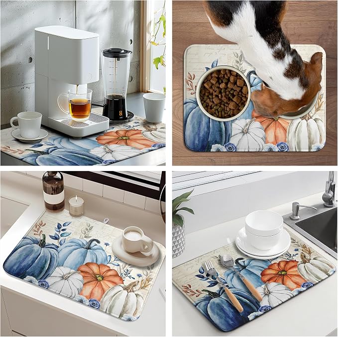 Fall Blue White Pumpkin Dish Drying Mats Thanksgiving Leaves Dish Mat Drying Matt Autumn Floral Dishes Dryer Pad for Kitchen Counter Absorbent Microfiber Washable Foldable Reusable 18x24 in