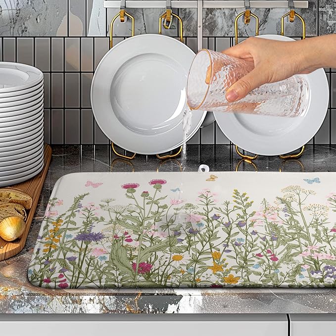 Wildflower Floral Dish Drying Mat for Kitchen Counter Vintage Rustic Flower Drying Mats Spring Summer Herb Plant Absorbent Microfiber Dishes Pad Washable Dish Draining Mat Extra Large 18"x24"