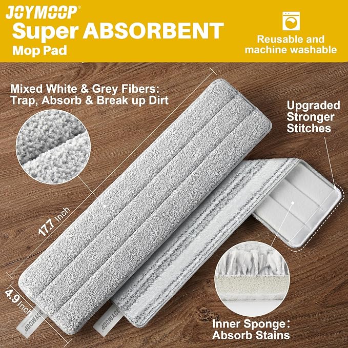 JOYMOOP Microfiber Replacement Pads for 17.7" Flat Mop System, Washable Reusable Mop Refills, Grey and Stripe, Pack of 4 for Floor Cleaning