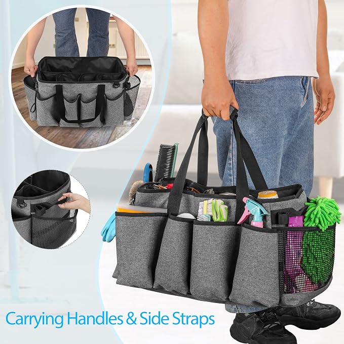 HODRANT Extra-Large Cleaning Caddy with Handles & Multi Pockets | Large Capacity Tote Bag for Cleaning Tools & Products Storage, Cleaner Organizer for Car, Home & Housekeeping Work, Gray