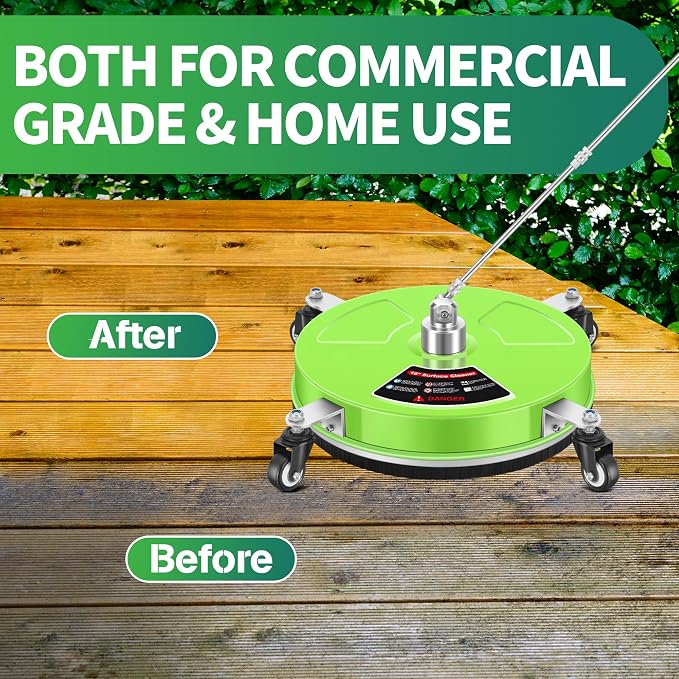 LidoDola 16'' Pressure Washer Surface Cleaner Green, Power Washer Accessory | Stainless Steel Housing with 4 Wheels, 1/4" QC, 2 Extension Wands & 2 Replacement Nozzles, for Gas & Electric Pressure Washer