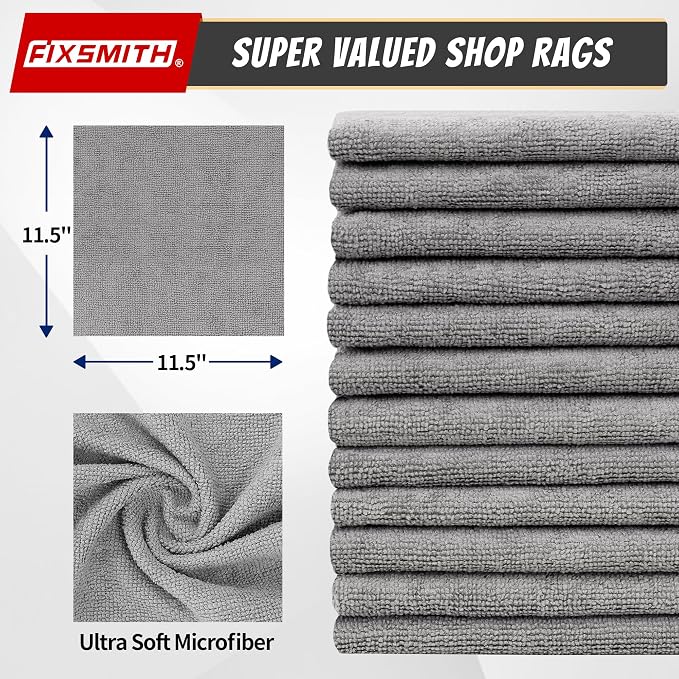 FIXSMITH Microfiber Cleaning Cloth, Shop Towels Bulk, 24 Pack Grey Microfiber Towels for Cars, All-Purpose Absorbent Cleaning Rags, Dust Cloth for Automotive, Mechanic, Garage, Bar, 12 x 11 inch