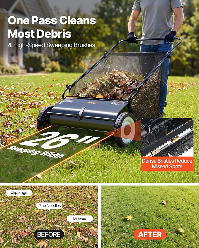 VEVOR Push Lawn Sweeper 26 Inch Leaf & Grass Collector Strong Rubber Wheels | Heavy Duty Thickened Steel Durable to Use with Large Capacity 7 ft³ Mesh Collection Bag, 4 Spinning Brushes