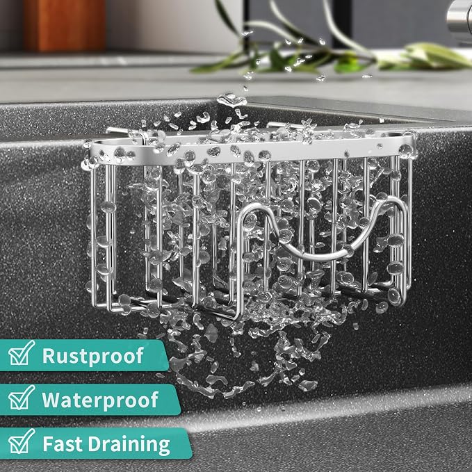 HapiRm Sponge Holder for Kitchen Sink - Rustproof Hanging Kitchen Caddy for Double-Bowl Sink, Center Divider Width Less Than 1.5in- Silver