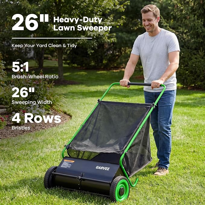 26-Inch Push Lawn Sweeper, Heavy Duty Leaf Sweeper with 4 Brushes & 7Cu.ft Bag, Adjustable Height Steel Frame Leaf,Manual Yard Sweeper for Collector for Yard, Lawn, Garden, Patio
