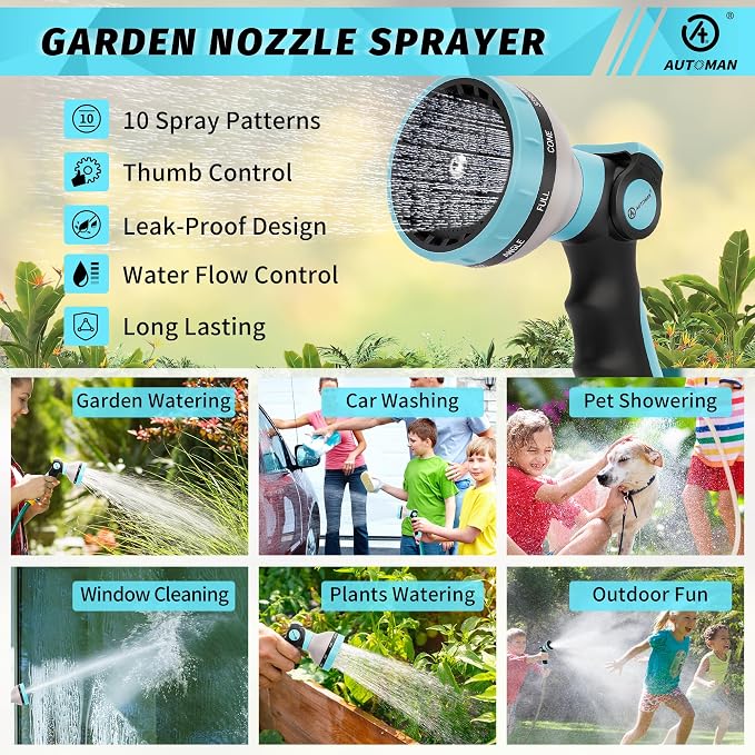 AUTOMAN Garden Hose Nozzle Sprayer - 10 Spray Patterns, 2 Pack Thumb Control Water Hose Nozzle Outdoor, Heavy Duty Spray Nozzles for Watering Garden, Cleaning Window, Washing Car, Showering Pets
