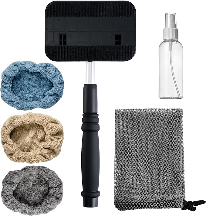 POLYTE Pivoting Windshield Glass Cleaning Tool Extendable Aluminum Handle | 3-Lint Free Microfiber Covers, Spray Bottle, Mesh Bag
