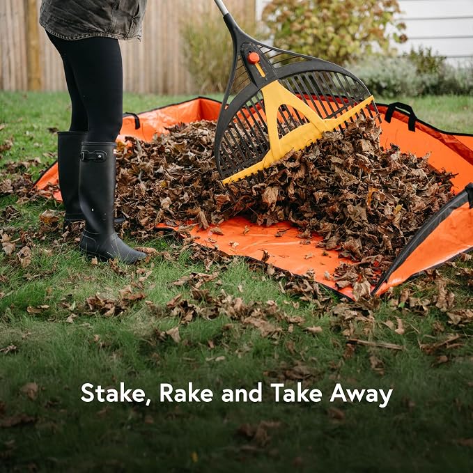 Leaf Tarp for Fast Yard Cleanup –Leaf Collection Tarp with 6 Handles & Ground Stakes – Lawn Leaf Bag for Raking, Garden Debris & Yard Waste Removal, Wind Proof, 4’ x 6’ Capacity