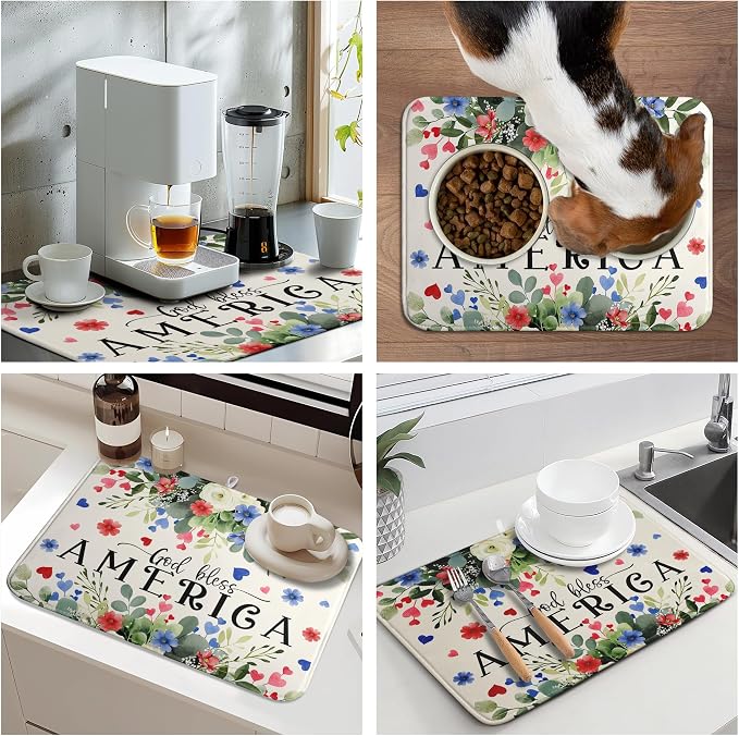 4th of July Patriotic Floral Dish Drying Mat Summer Memorial Day Large Kitchen Mats Dish Drying Pad Absorbent Dish Dryer Mat for Kitchen Countertops Microfiber Drainer Pad Dish Drying Mats (18x24 in)