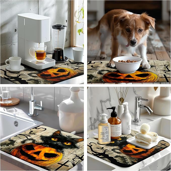 Black Cat Fall Pumpkin Dish Drying Mat 18x24 - Super Absorbent Drying Pads for Kitchen Counter - Happy Halloween Bat Branch Large Microfiber Dishes Drying Mats