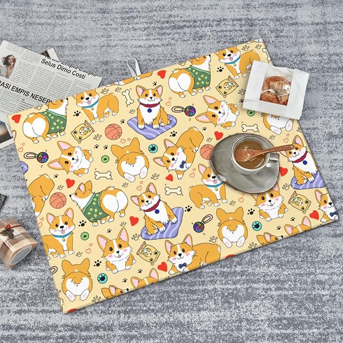 Cute Corgi Dog Dish Drying Mat for Kitchen Counter Cute Kitchen Dish Mat Microfiber Kitchen Countertop Absorbent Reversible Drainer Rack Pad