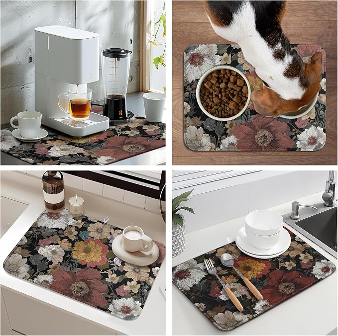 Spring Boho Floral Dish Drying Mats Spring Summer Vintage Flowers Dish Mat Farmhouse Drying Matt Dishes Dryer Pad for Kitchen Counter Absorbent Microfiber Washable Foldable Reusable 18x24 in