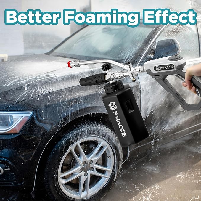 PWACCS Pressure Washer Foam Gun with Dual Connector, 1.5 Liter | Short Power Washer Gun Foam Cannon, Double Tip Attachment Car Wash Kit, 1/4" Quick Connector, M22 Male Inlet, 4000 PSI