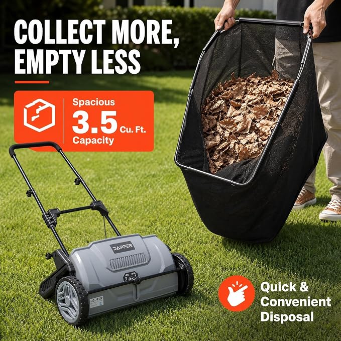 Dapper Supply 21" Push Lawn Sweeper (Also 22" & 26"), Leaf & Grass Collector, 3.5 Cu Ft Non-Woven Bag, Tool-Free Height Adjust, Folds for Wall Storage