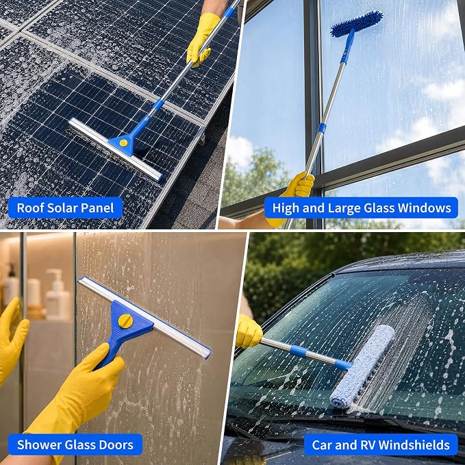 Window Cleaning Kit with 3 Gal Cleaning Bucket, Professional 14" Window Squeegee & 15" Window Scrubber with 78" Extension Pole, 18 PCS Glass Cleaning Tool Set for Home, Outdoor Car Window Cleaner